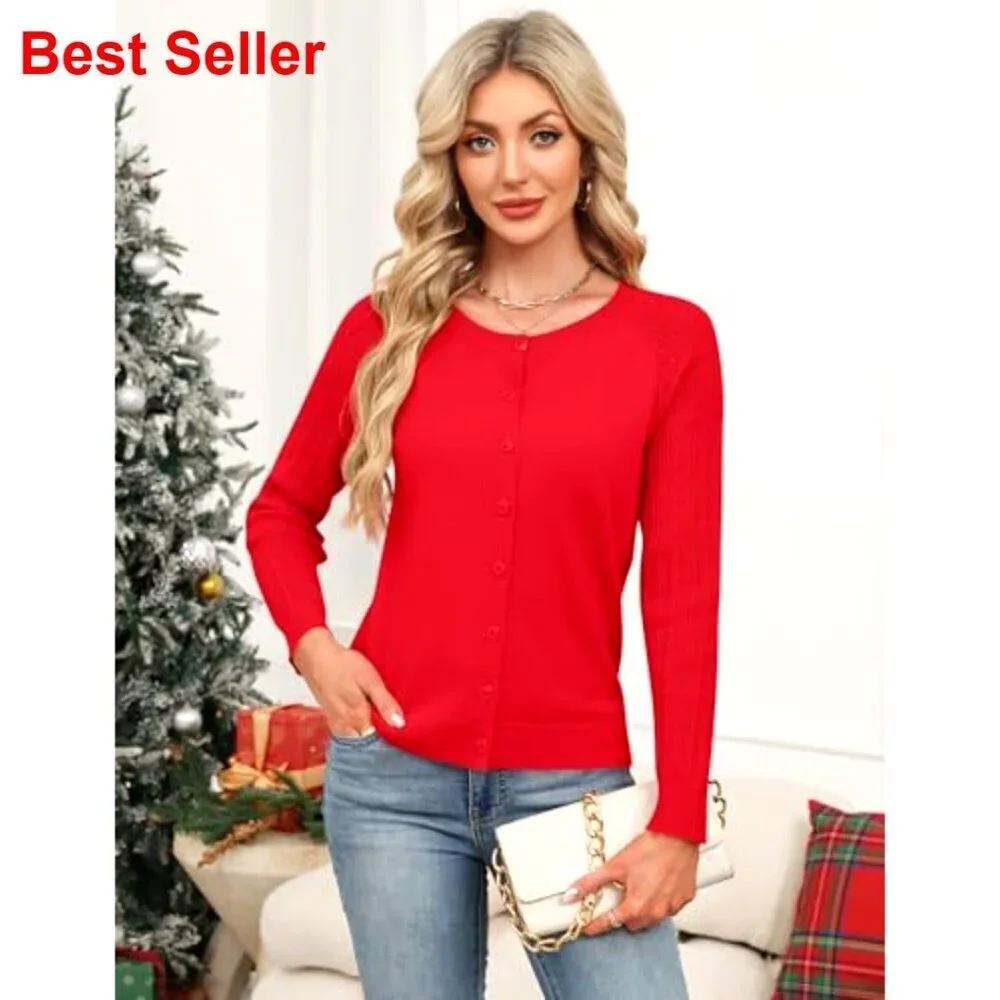 Button Up Cardigan Sweater Textured Sleeves Crew Neck Spring Summer